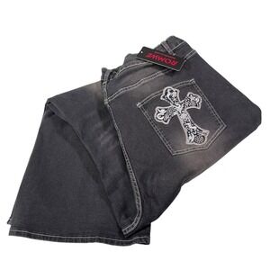 ROMWE 20 Black Denim Jeans Cross Patch Wide‎ Leg Y2K Grunge Aesthetic